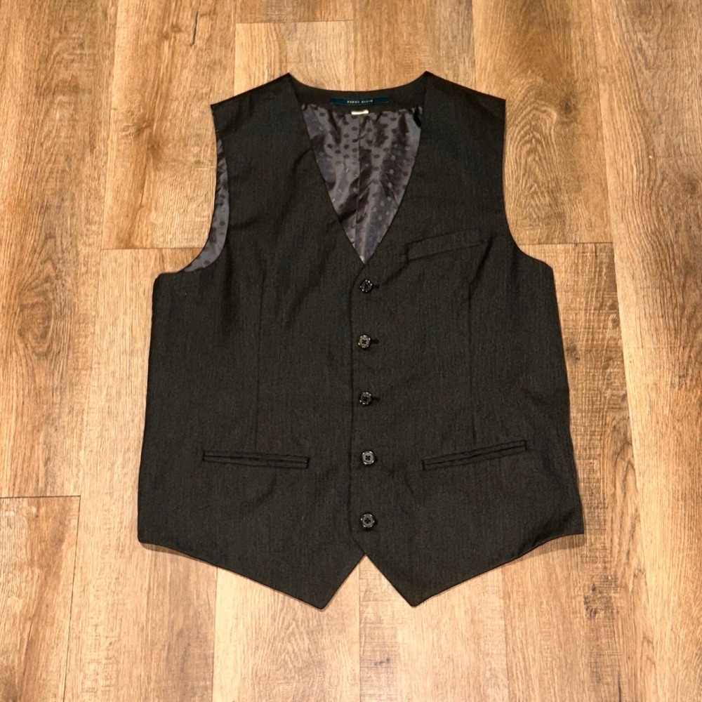 Perry Ellis Mens Suit Vest Charcoal Gray Polka Dot Lining Cinch Back Size M